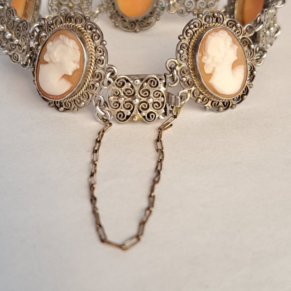 Antique Cameo Panel Silver Bracelet Filigree Italy 800 Marked Gold Chain Links - Picture 8 of 11